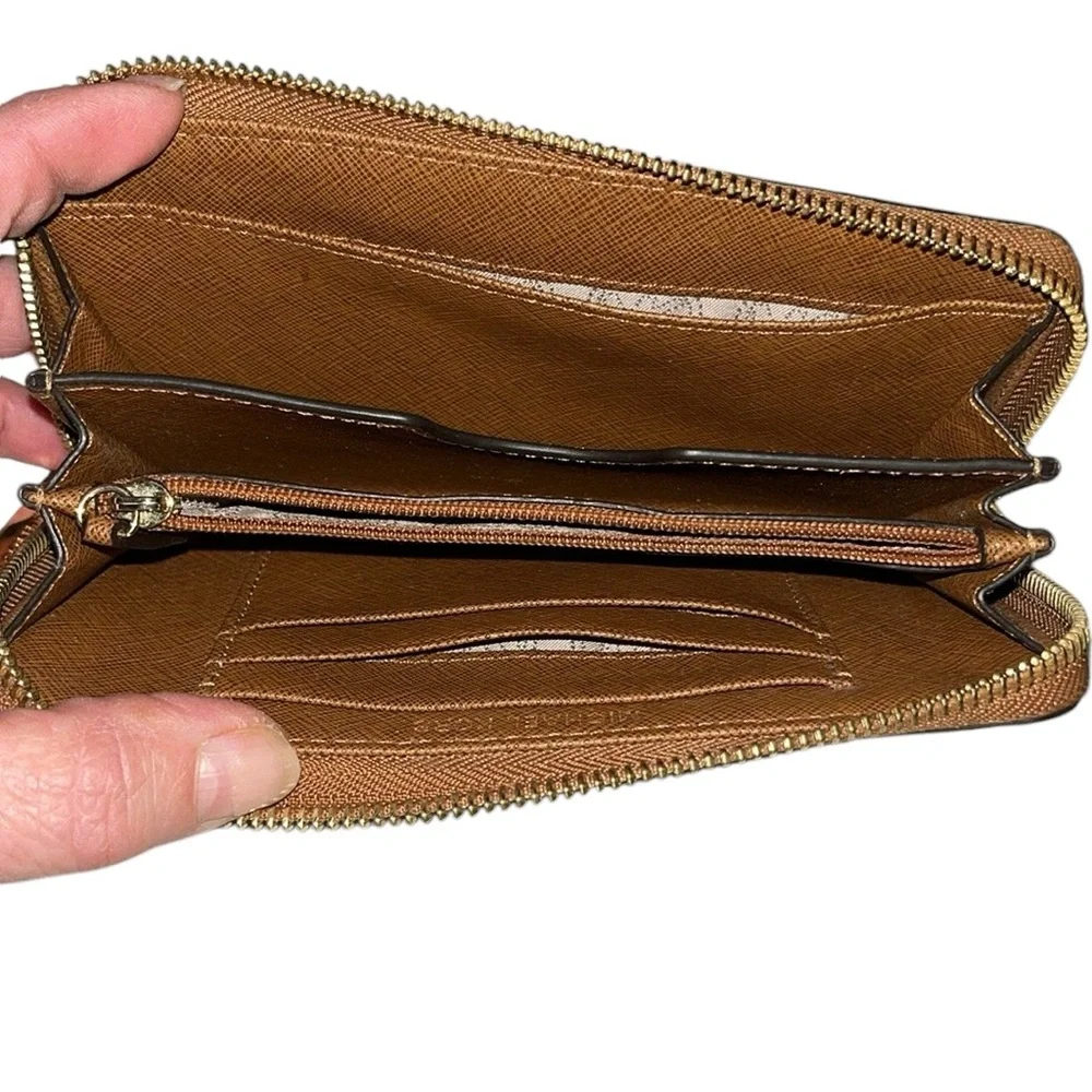 Micheal Kors brown saffiano leather wristlet phone wallet , card case